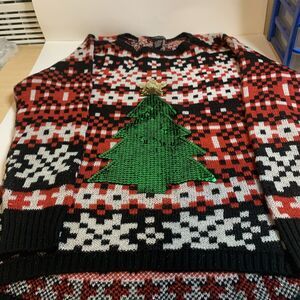 Crystal Kobe Sequin Christmas Tree Sweater Women’s Size M Black/White/Red